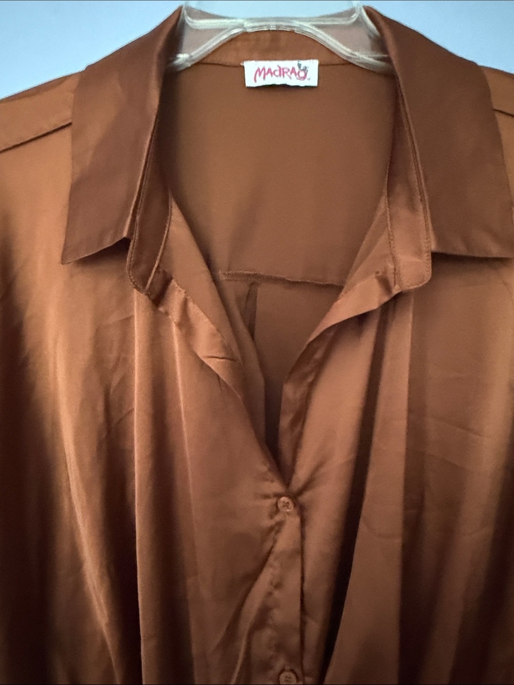 Madrag Satin Copper Blouse Women’s Size 1X Button Front Roll Tab Sleeve Top - Picture 4 of 13
